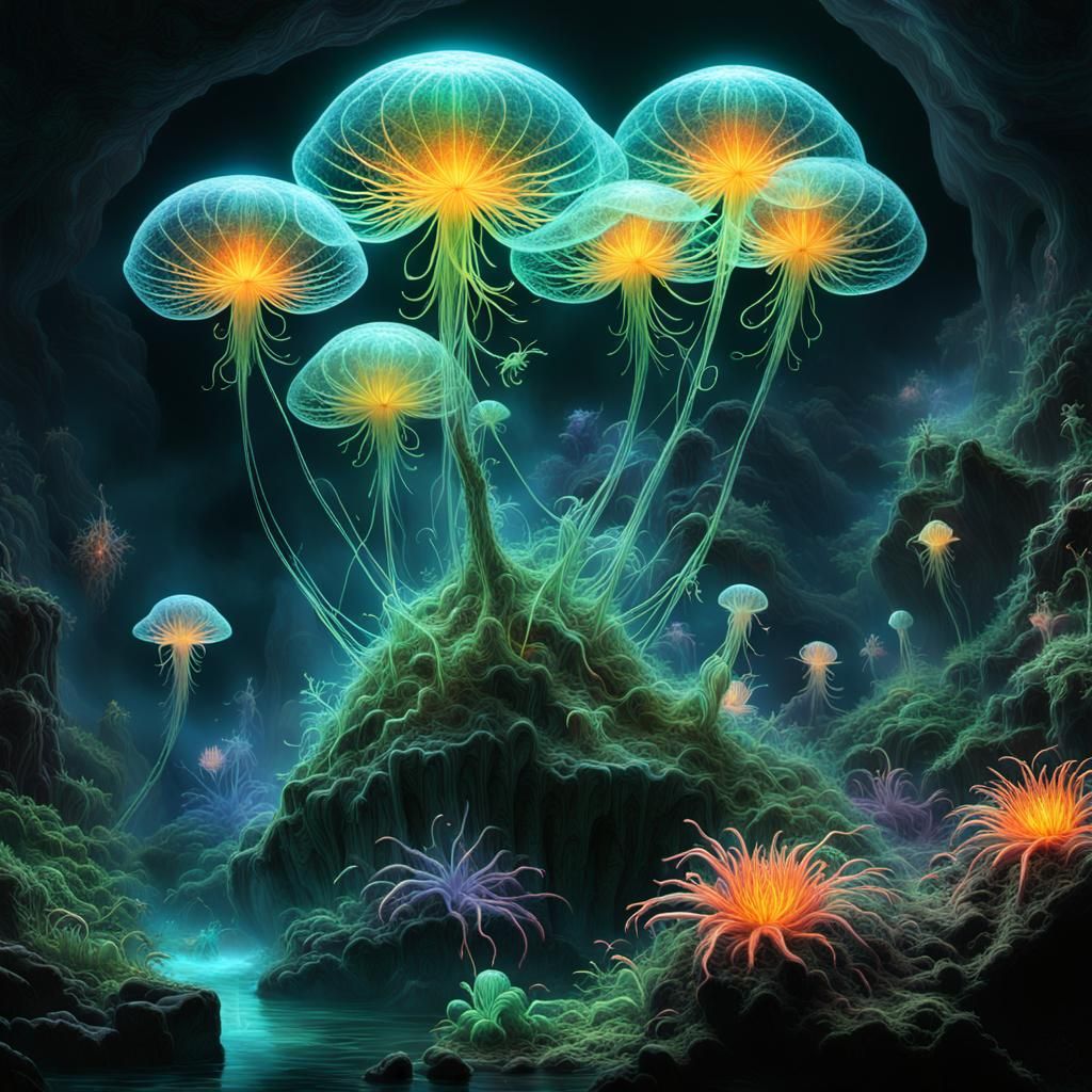 Chemiluminescent Flora in Cavernous Alien Landscape