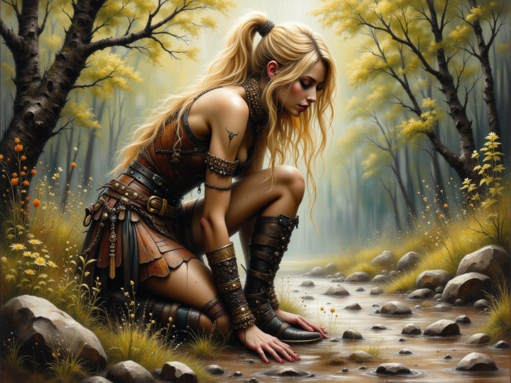 Norse Goddess Examines Footprints in Ethereal Light