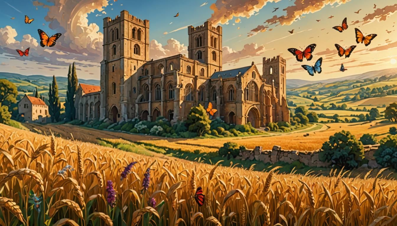 Picturesque Abbey Ruins in Summer Landscape, Impasto Style