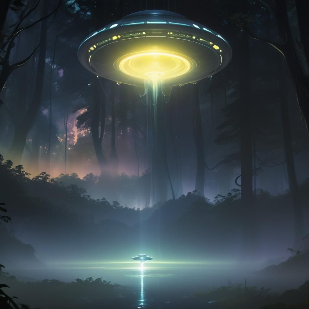 Ethereal UFO in Mystical Forest Concept Art