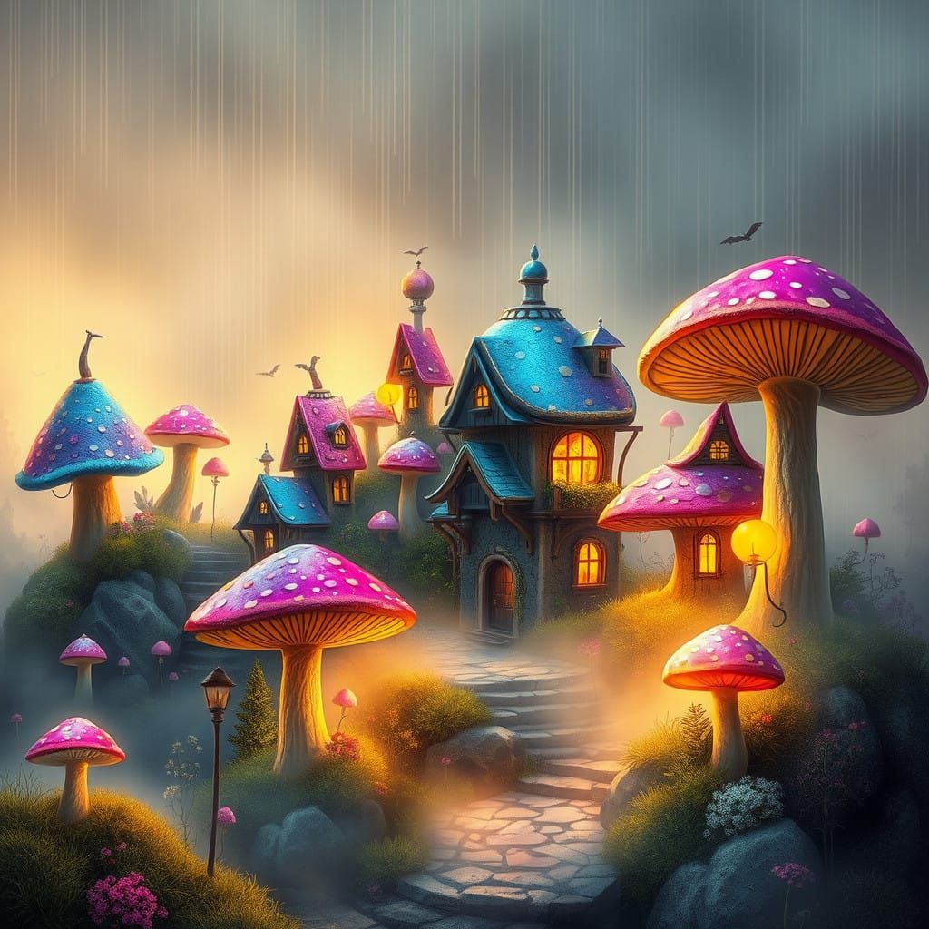 Whimsical Fantasy City Made from Colorful Mushrooms with Mag...