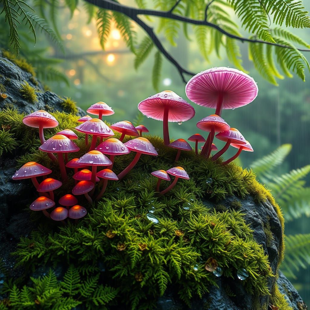 Vibrant, Ethereal Forest Scene with Glowing Mushrooms