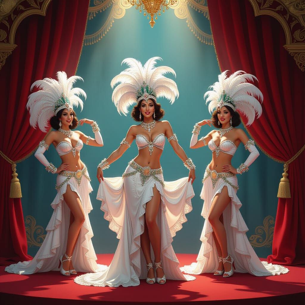 Showgirls in Elaborate Costumes Inspired by Art Nouveau
