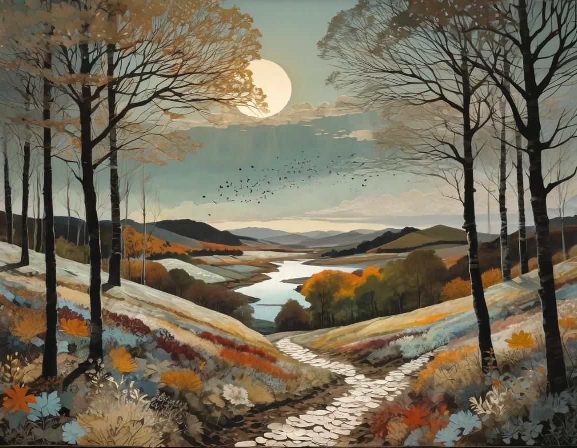 Autumn Landscape After Rain in Evening Light Collage Paintin...