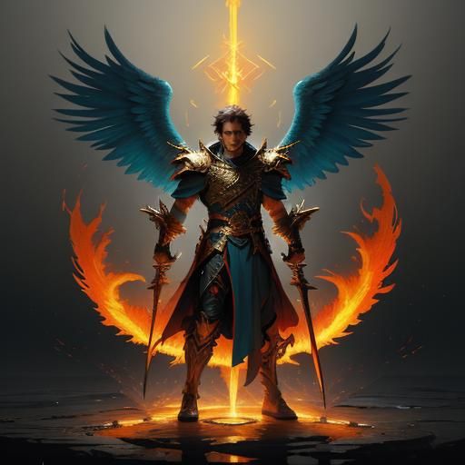 Fiery Angel with Flaming Sword, Hyperdetailed Concept Art