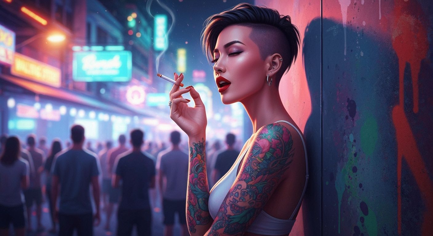 Pattaya Nightlife: Neon Noir Cartoon of a Thai Woman