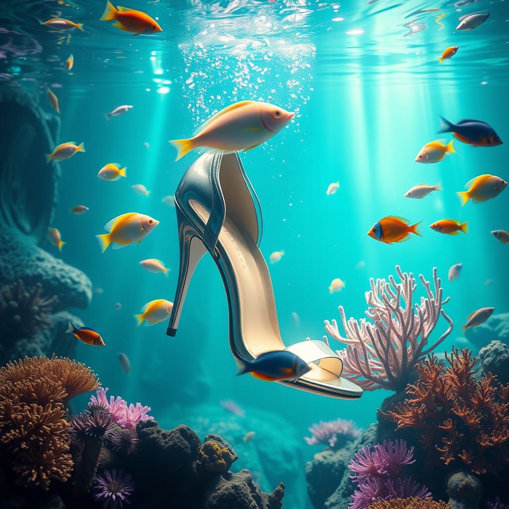 Futuristic High-Heeled Shoe in Vibrant Aquatic Scene