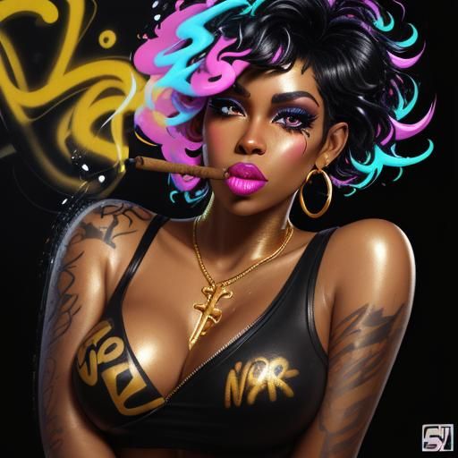 Neon Graffiti: Black Woman Smoking Cigar in 3D