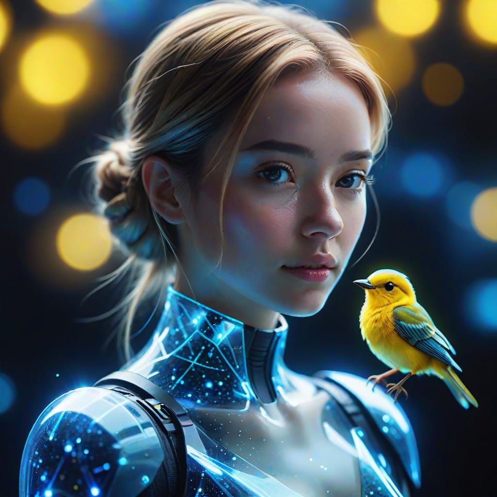 Glowing Android Goddess with Bright Yellow Companion in Star...