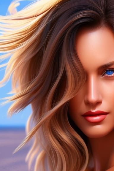 A stunning blonde young lady with blue eyes and a beach backdrop