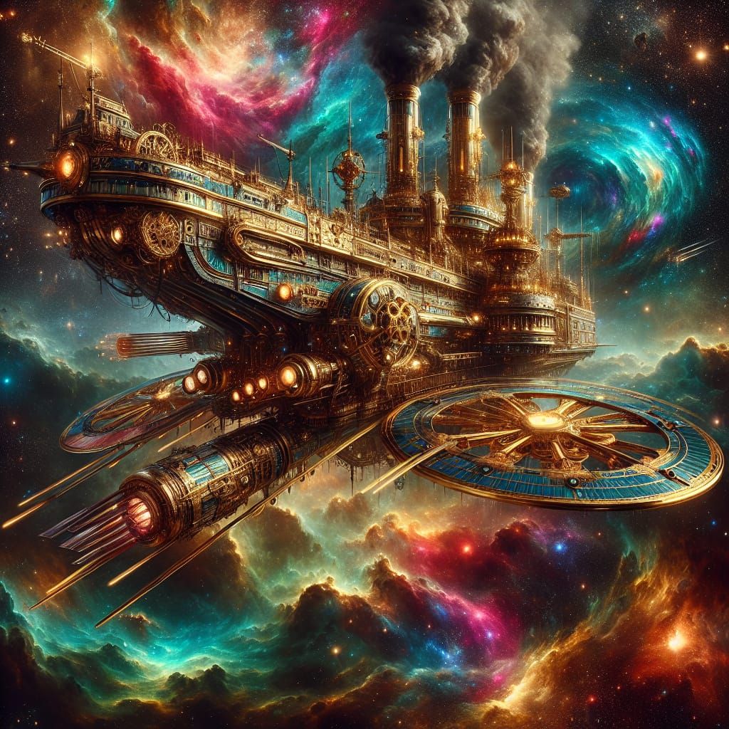 Grand Steampunk Spaceship Embarks on Celestial Odyssey