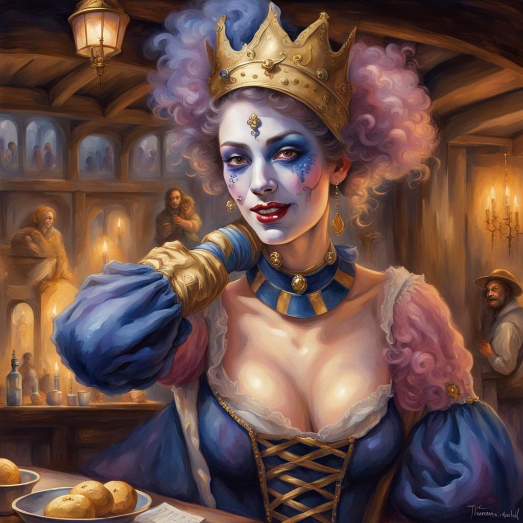 Medieval Jester Entertaining Tavern Crowd in Watercolor Styl...