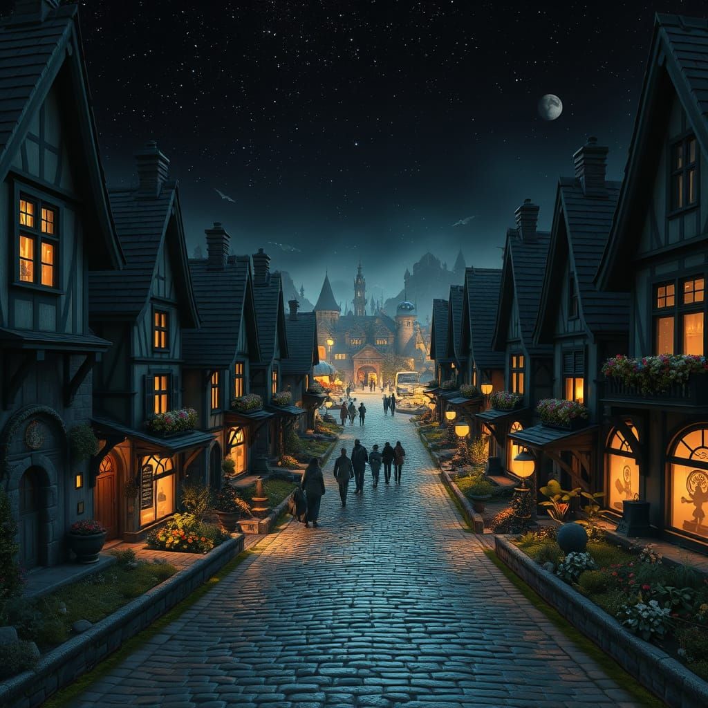 Fantasy Cobblestone Road Leads to Cosmic Market Square