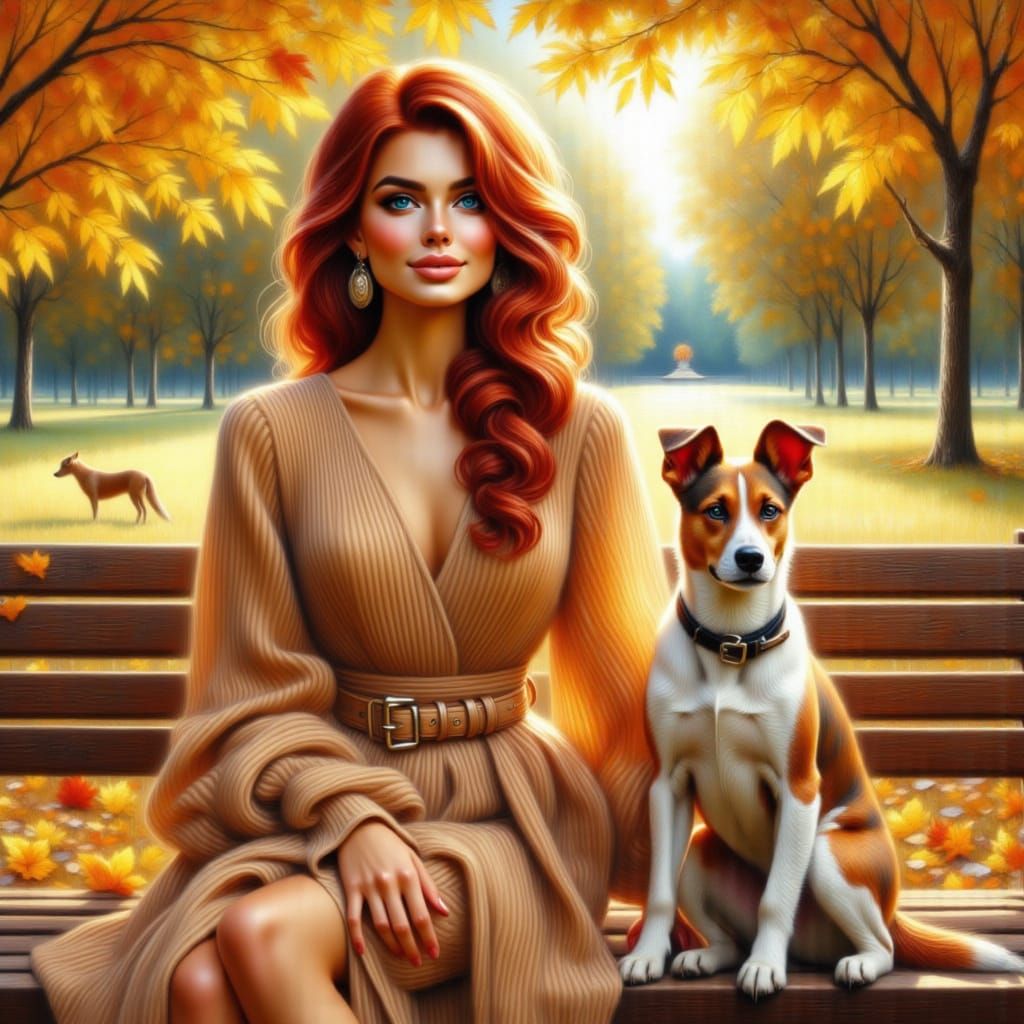 Elegant Woman with Dog in Autumn Park