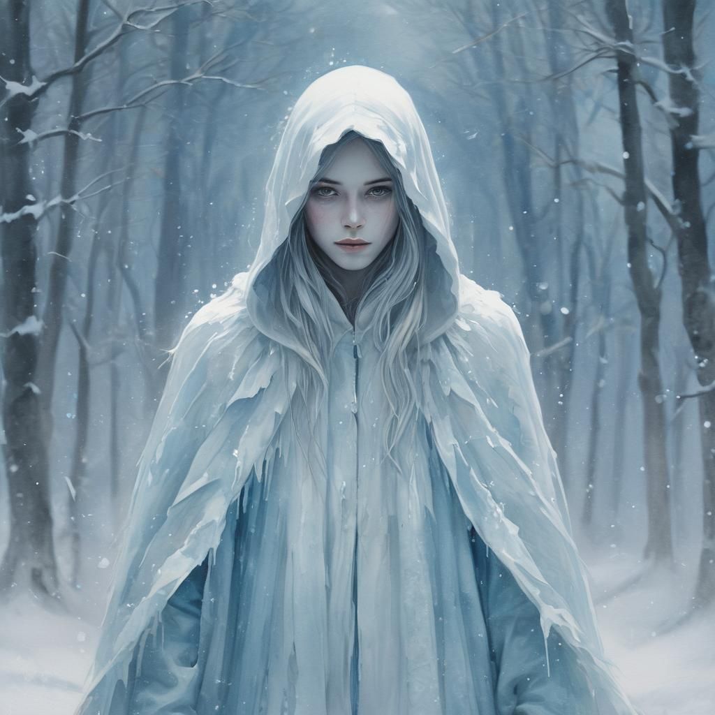 Ethereal Ghost in Snowy Forest: Watercolor Painting