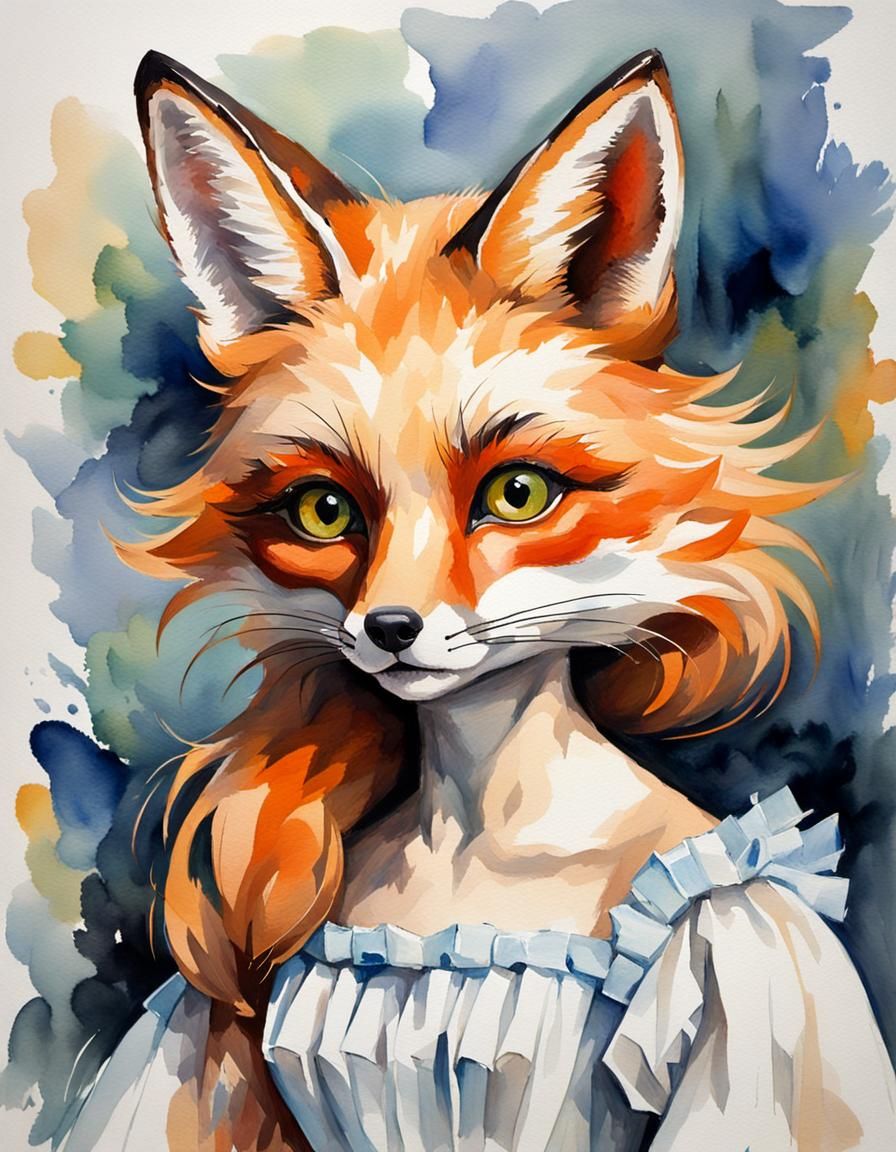 Fox Child Portrait in Impressionist Gouache Style