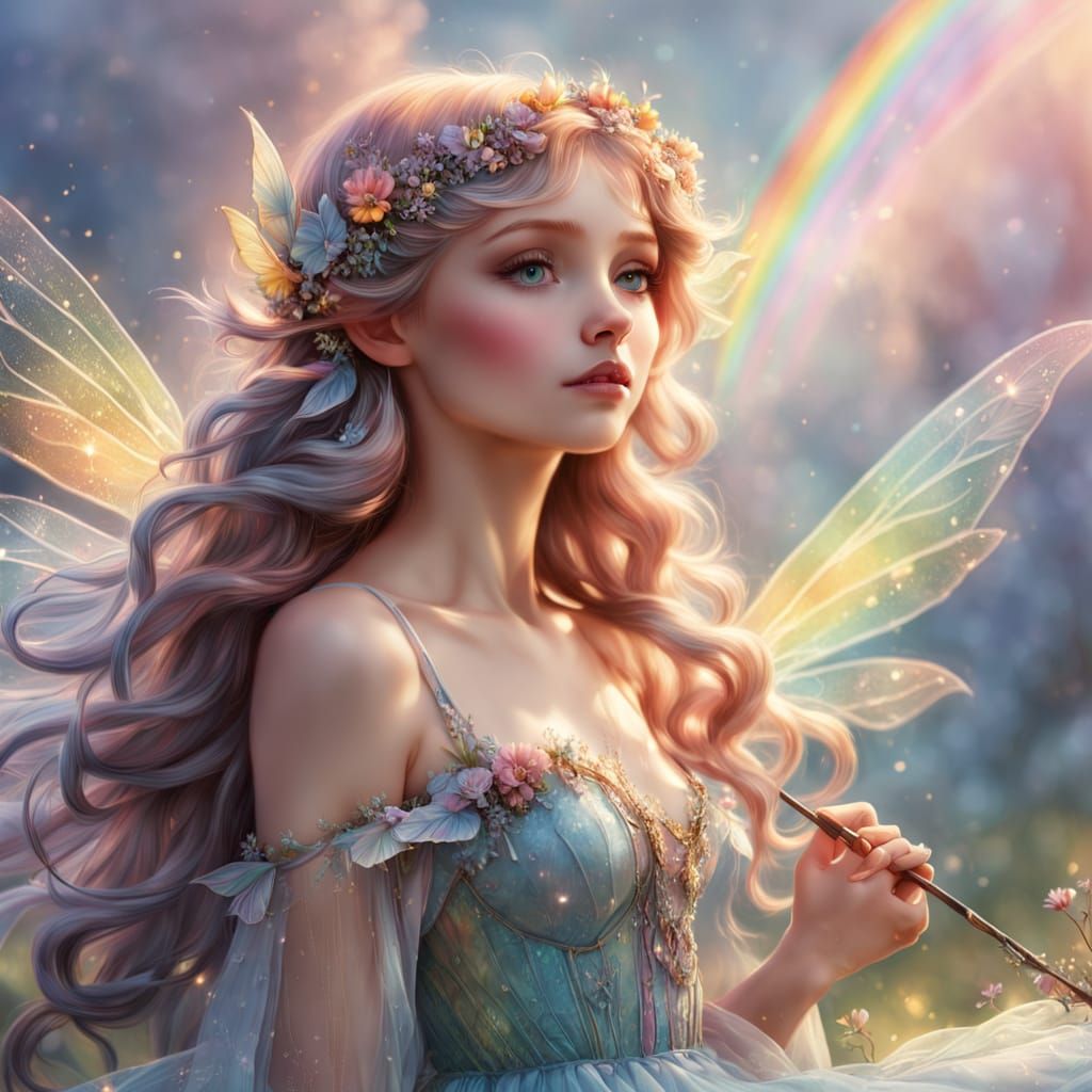 Whimsical Fairy Paints Rainbow Across Soft Sky in Pastel Hue...
