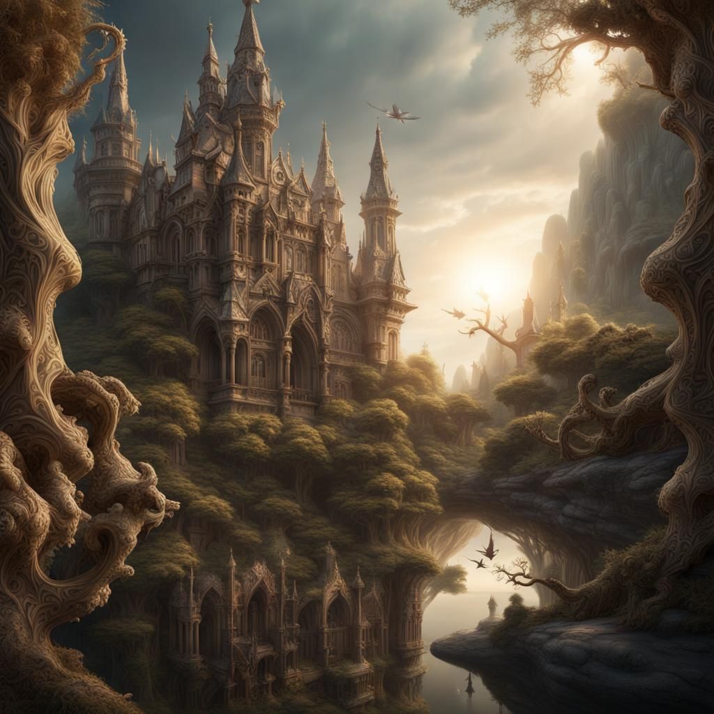 Fantasy Creature Scenery with Double Exposure Motifs