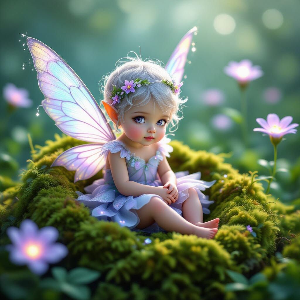 Ethereal Baby Fairy in Moss Cradle, Hyper-Realistic