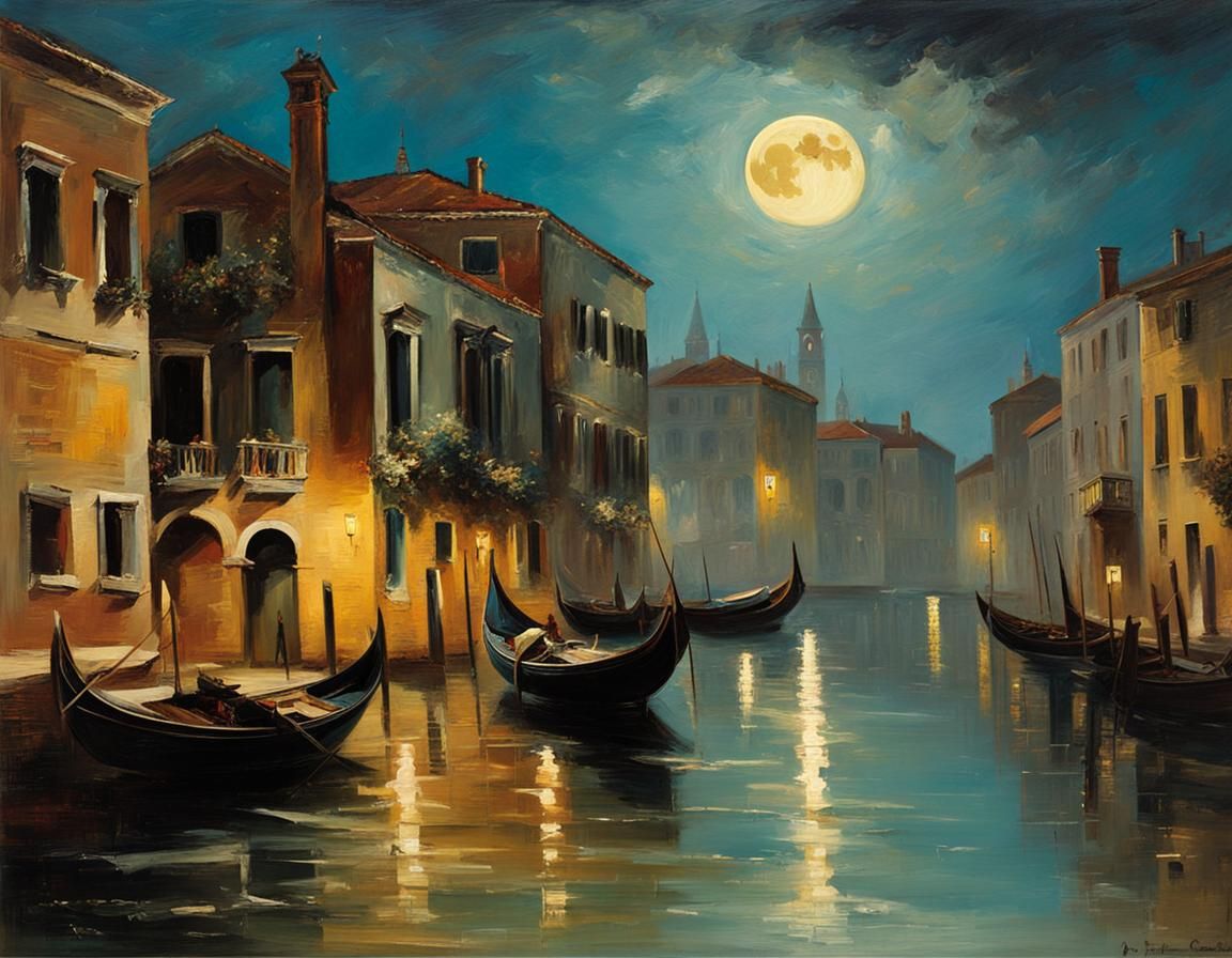 Venetian Ghost Under Pale Moon: Oil Painting