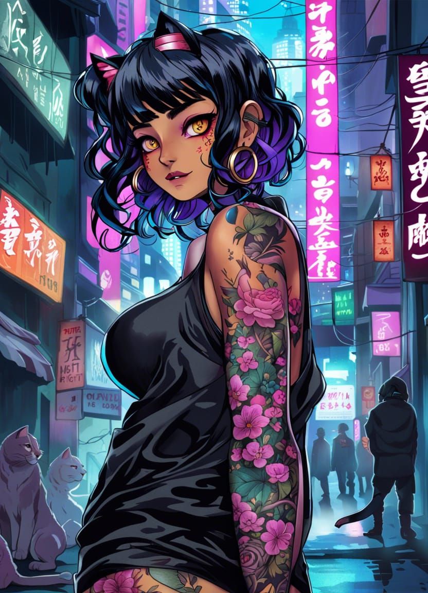 Cyberpunk Cat Girl Astronaut in Ukiyo-e Style