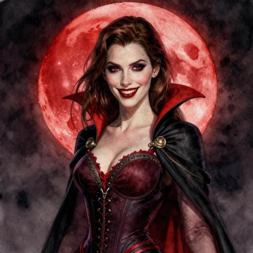 Vampire Smiling in Blood Red Moonlight, Watercolor Style