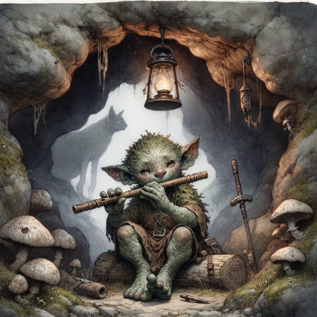 Whimsical Kobold Flute Player in Enchanted Forest