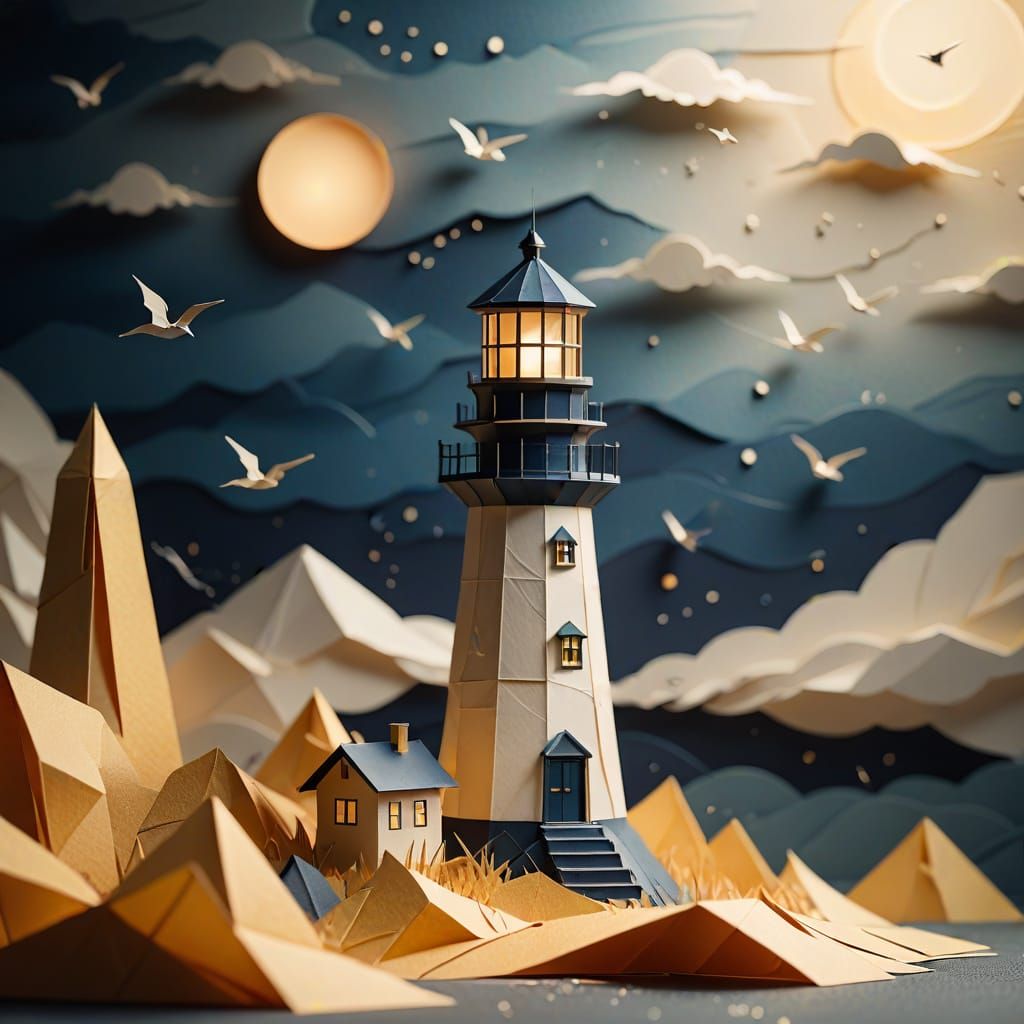 Papercraft Lighthouse in Storm with Origami Details