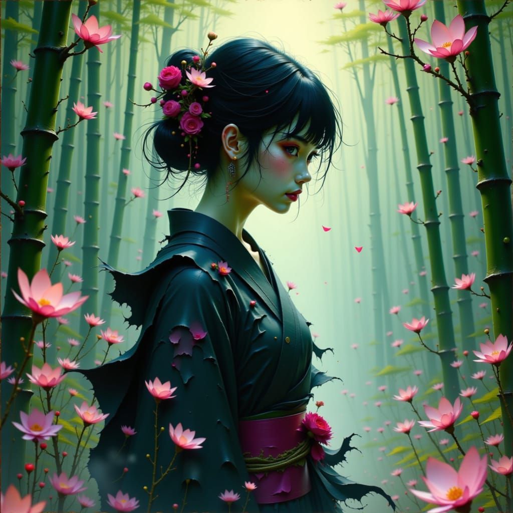 Ghostly Geisha Dances in Haunted Forest: Dark Fantasy Art