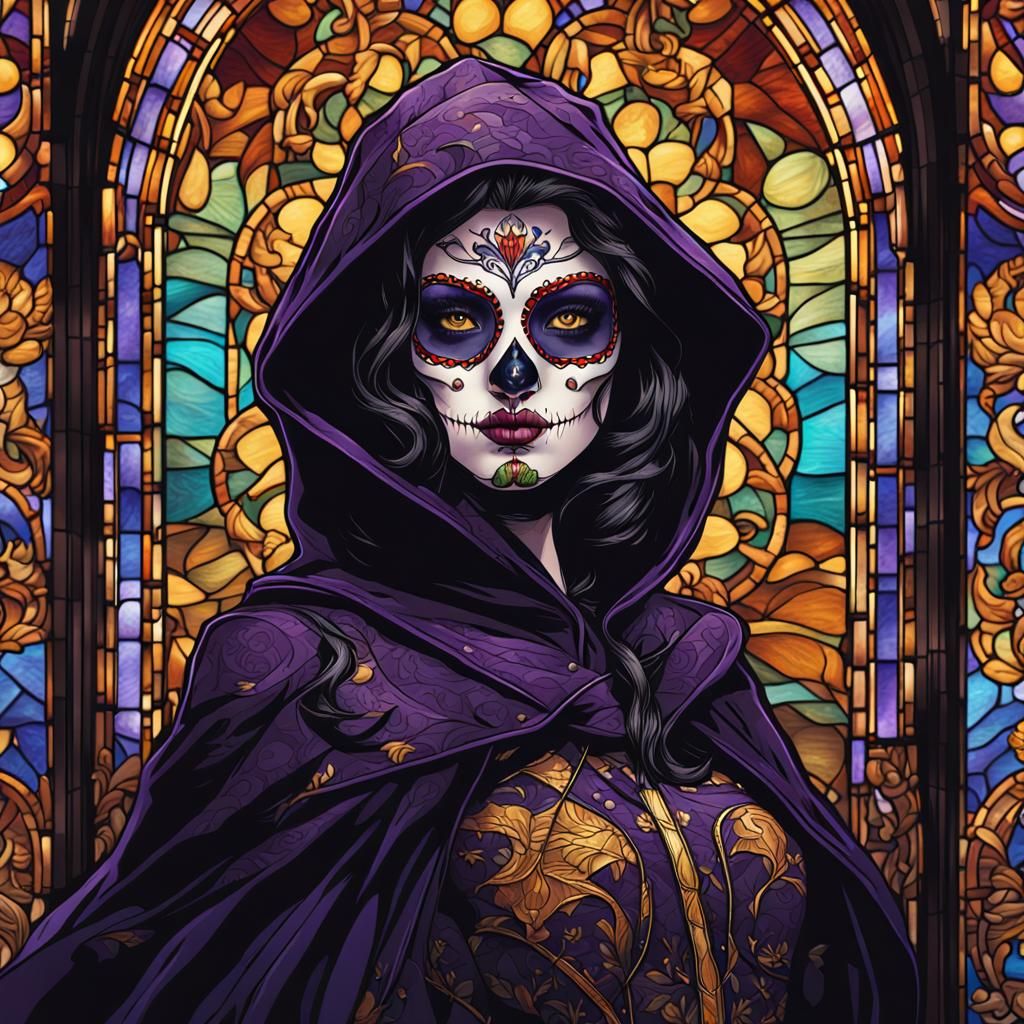 joven mujer, con la cara pintada como calavera, capa con cap...