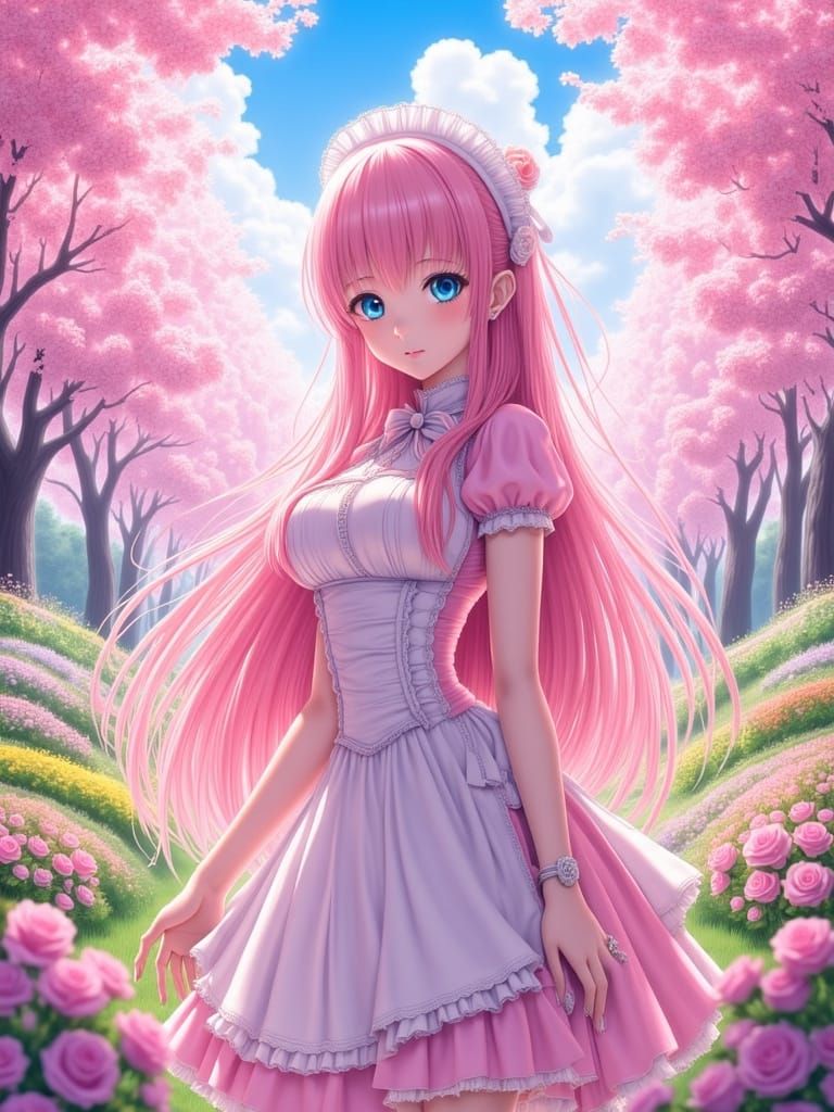 Anime Maid in Cherry Blossom Garden