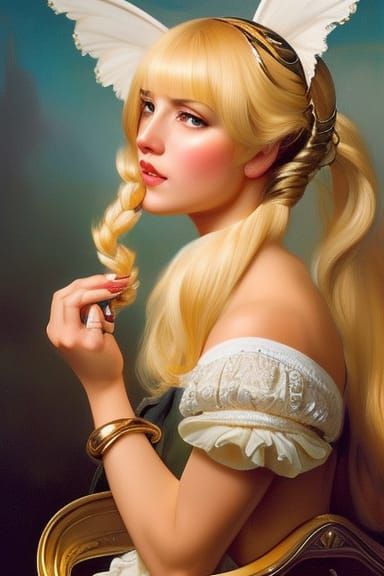 A very beautiful blonde with pigtails playing with her hair