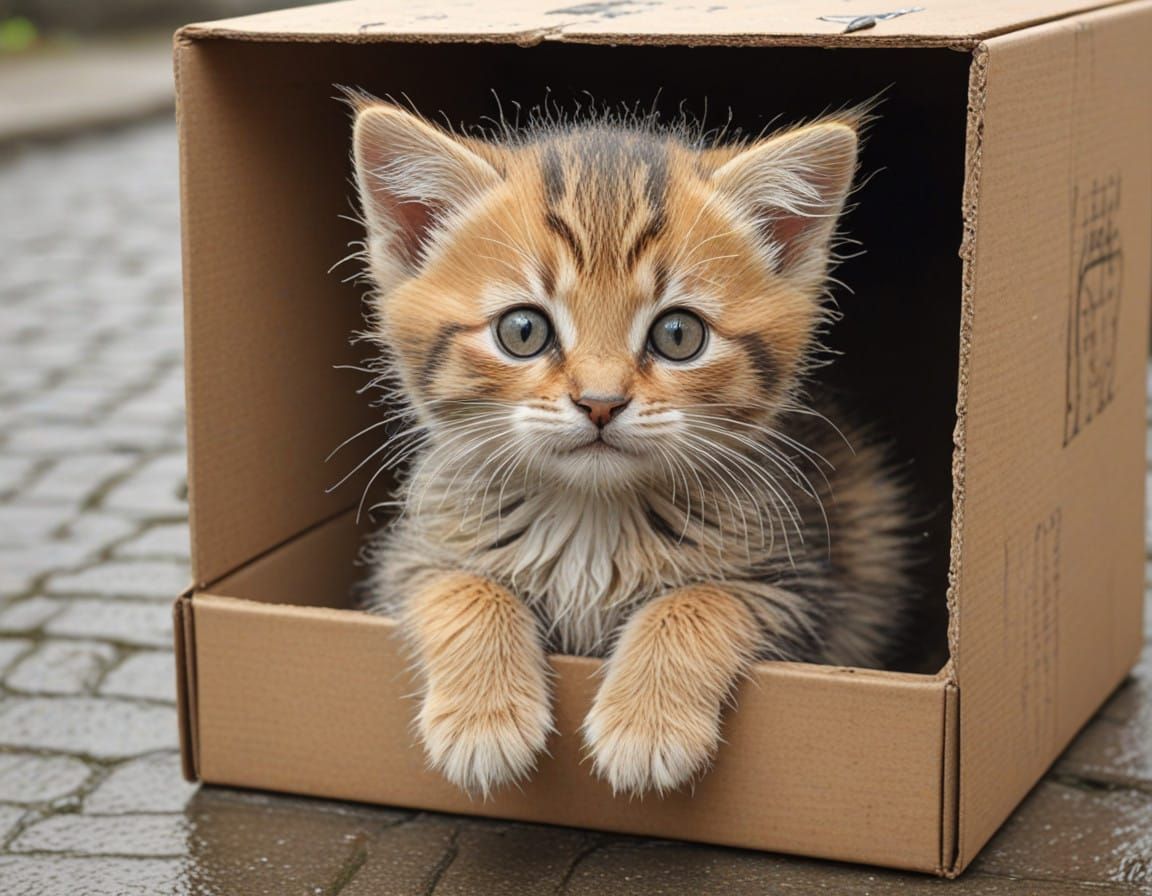 Cute Kitten in Whimsical Rainy Box Scene