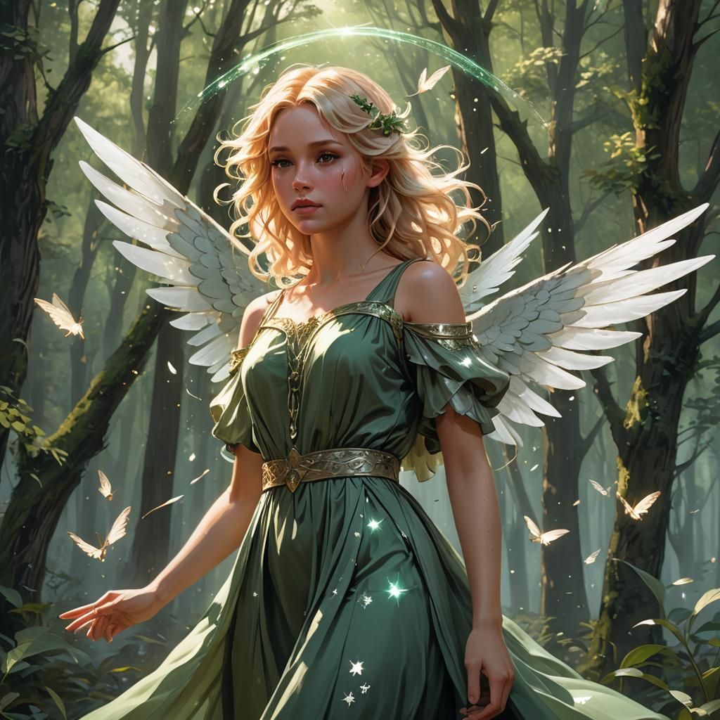 Cute Girl with Wings in Forest, Detailed Portrait