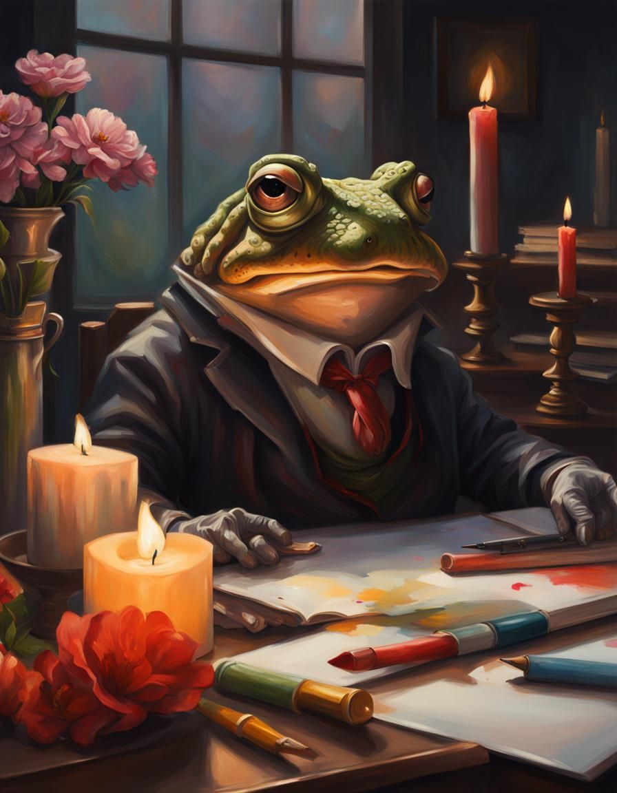 Hyperrealistic Toad in Dark Academia Still Life