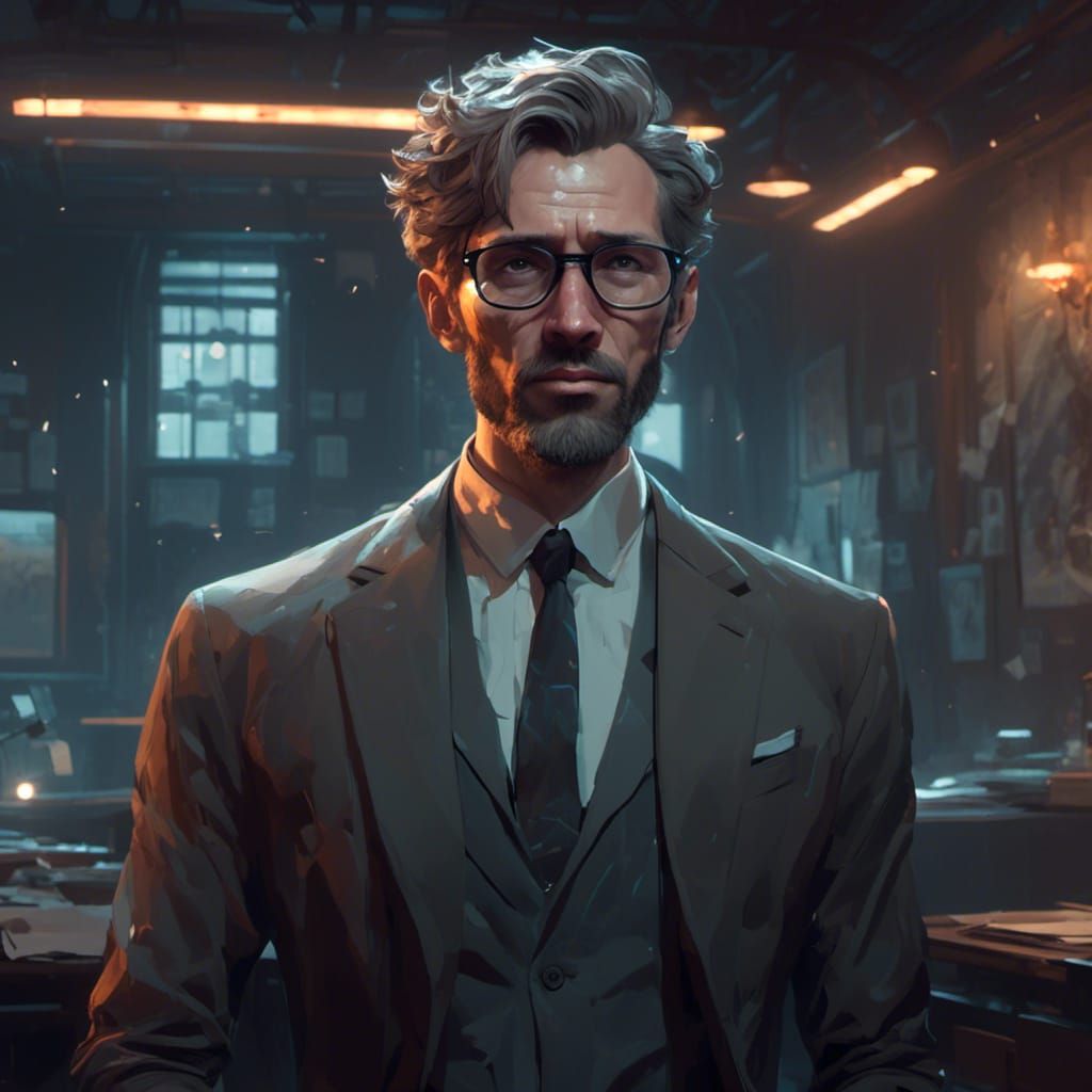 Pale Businessman in Dark Room: Detailed Digital Portrait