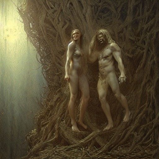 Horror Adam and Eve in Dark Fantasy Style