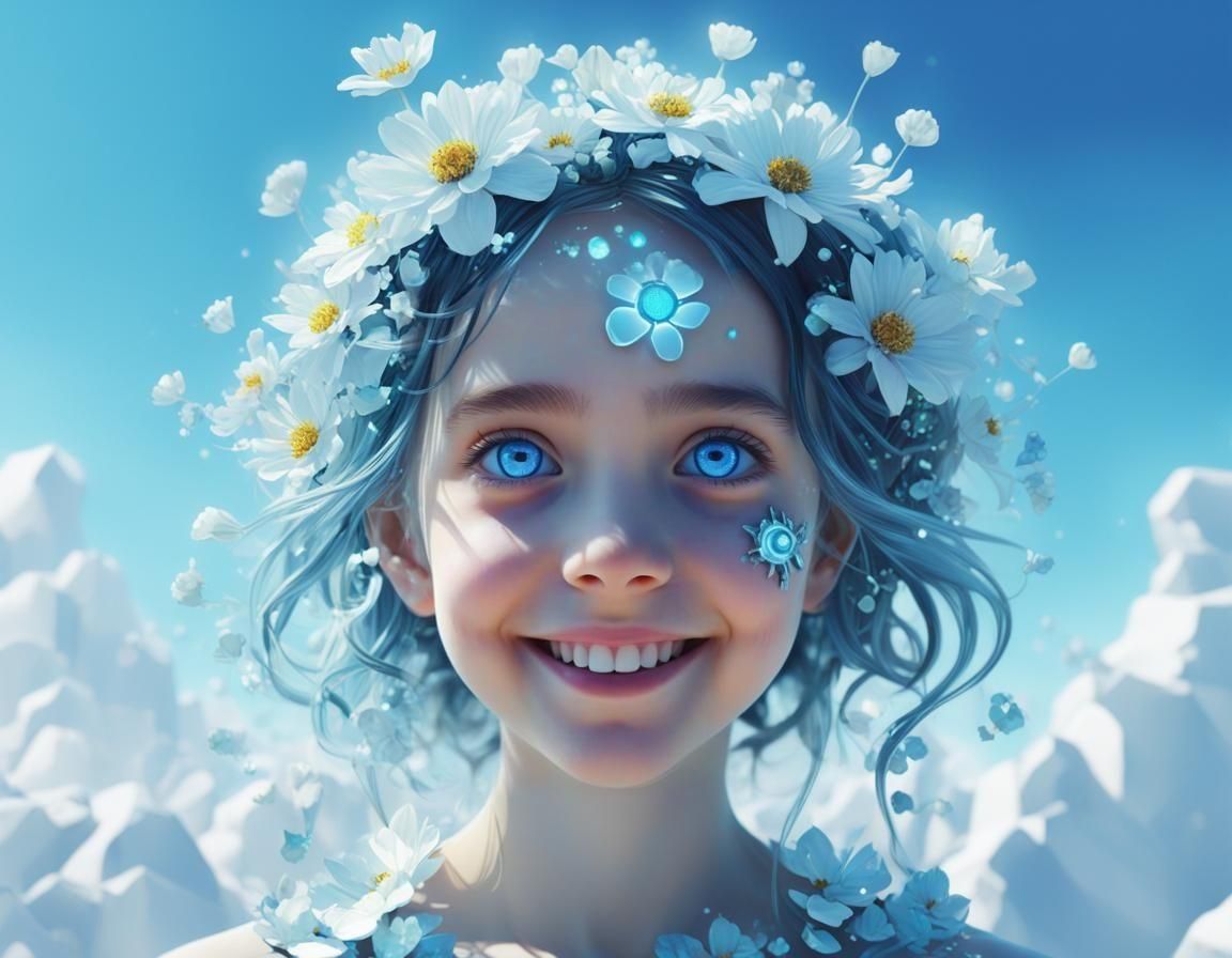 Ethereal Floral Art of Smiling Girl in Solarpunk Style