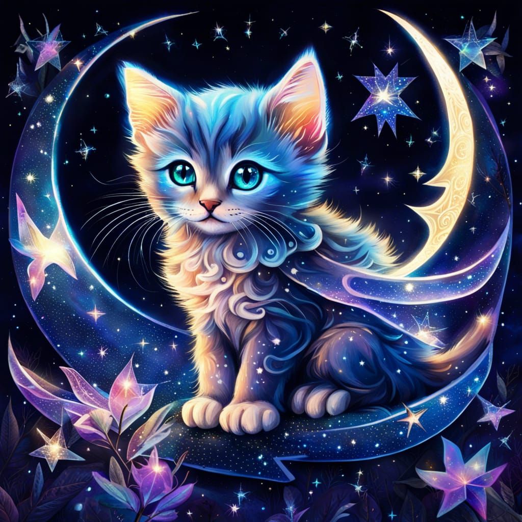 Kitten with Crystal Wings in Starry Sky