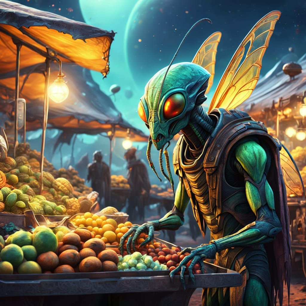 Alien Insectoid Market Stall on Exotic Planet