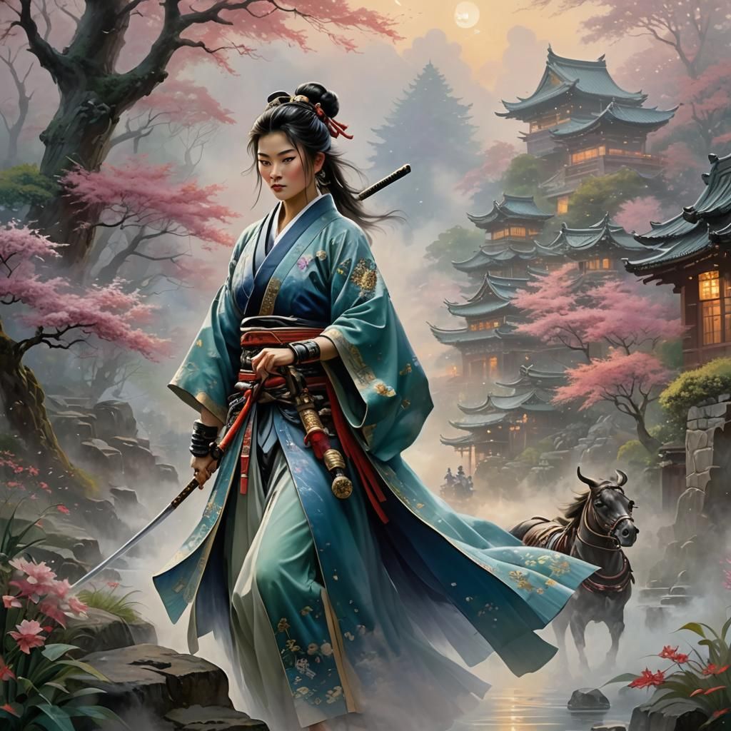Ethereal Samurai Woman in Hyperdetailed Fantasy