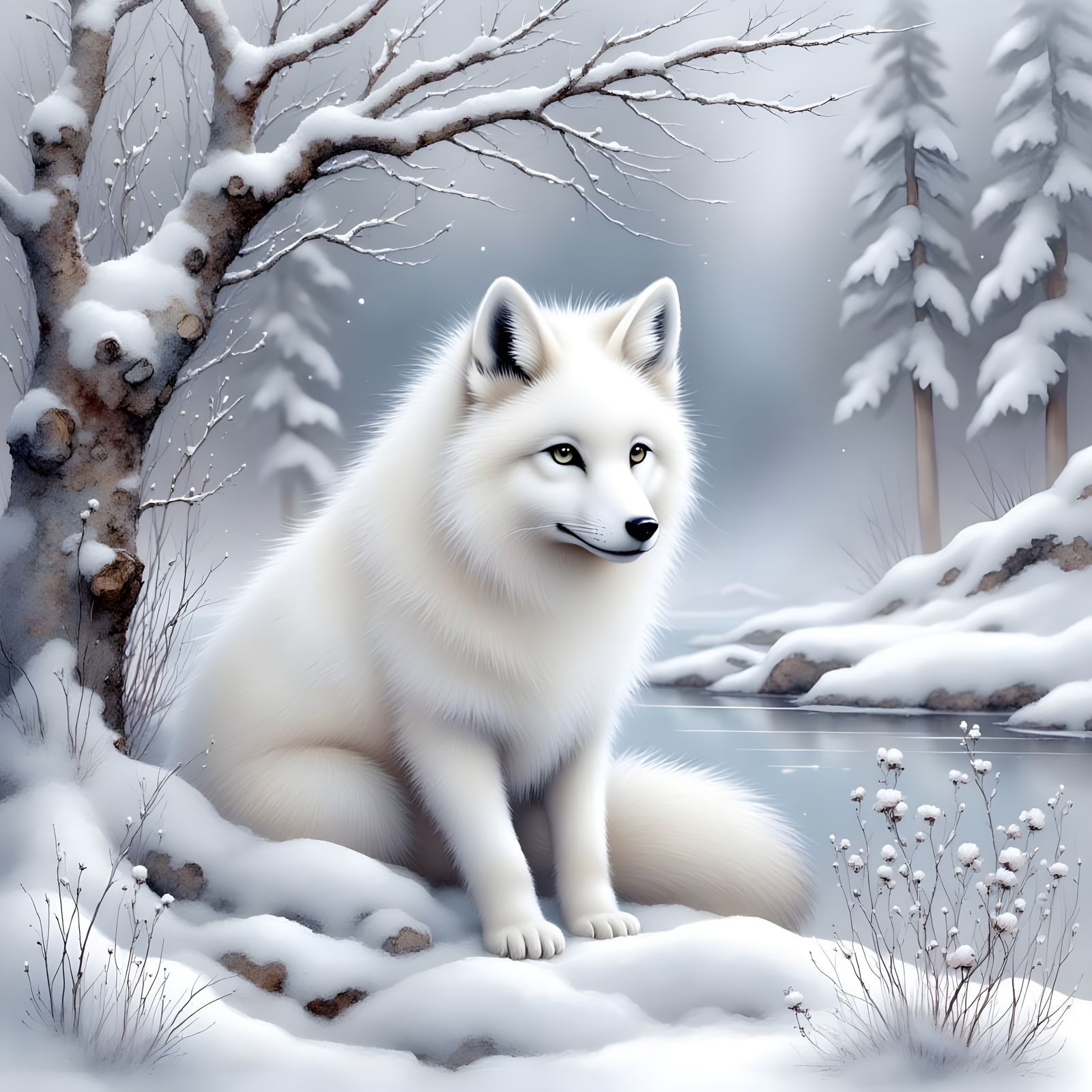 Arctic Fox in Misty White Landscape