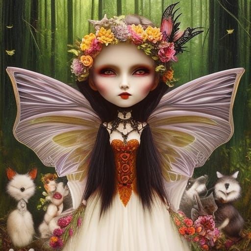 Gothic Doll Girl with Fairy Wings in Surreal Painting