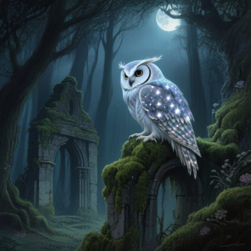 Ethereal Owl on Ancient Ruin in Mystical Forest