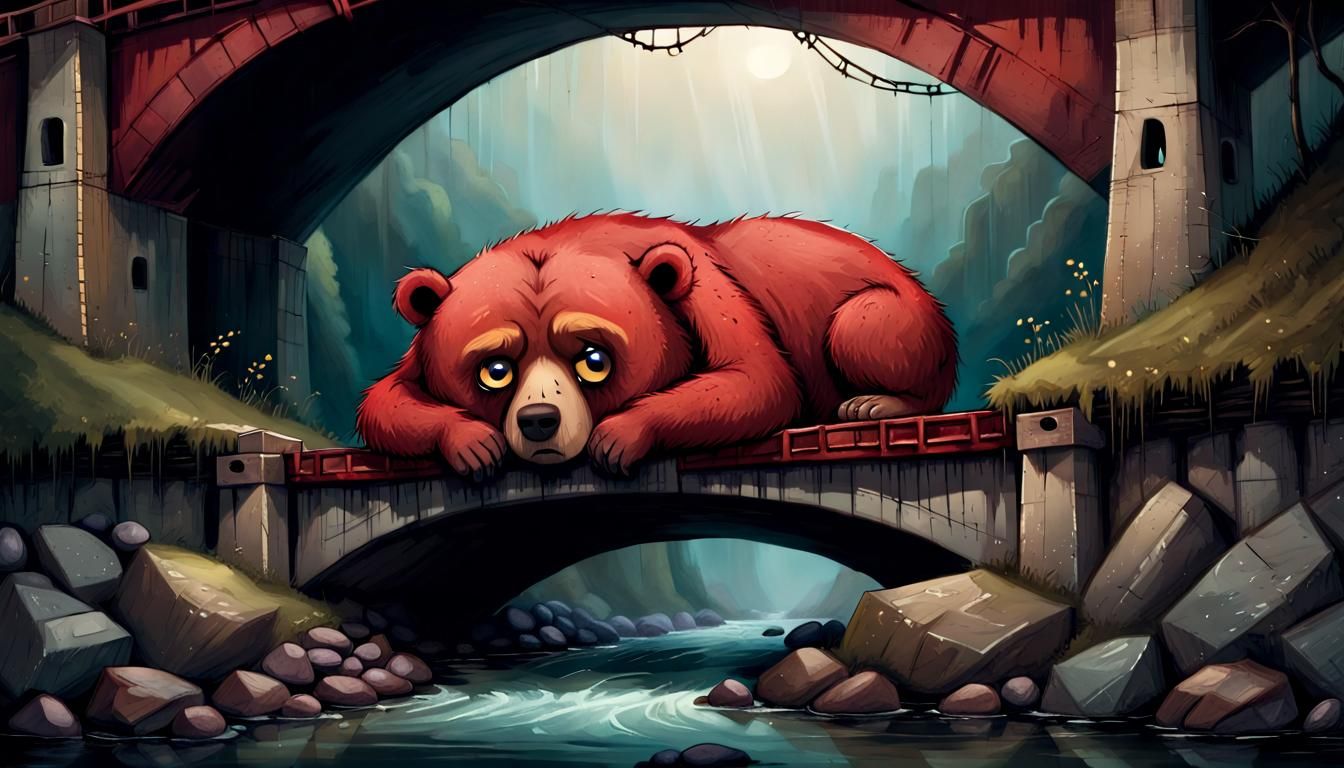 Frowning Storybook Bear Under a Bridge