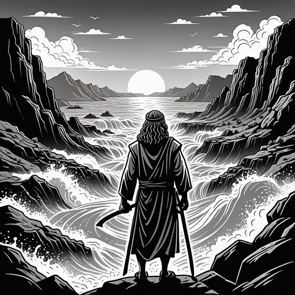 Moses Parts the Red Sea in Line Art Style