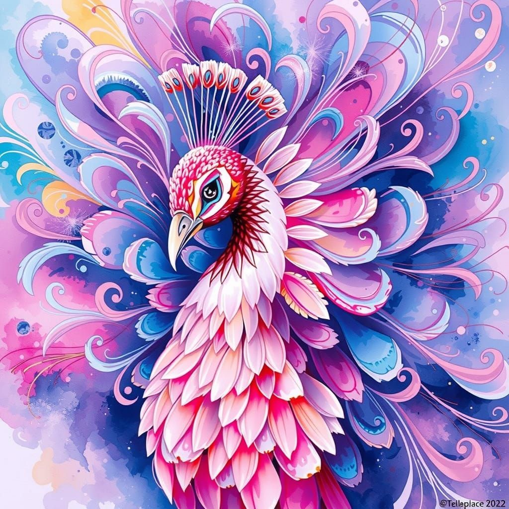 Whimsical Watercolour Peacock in Vibrant Pink