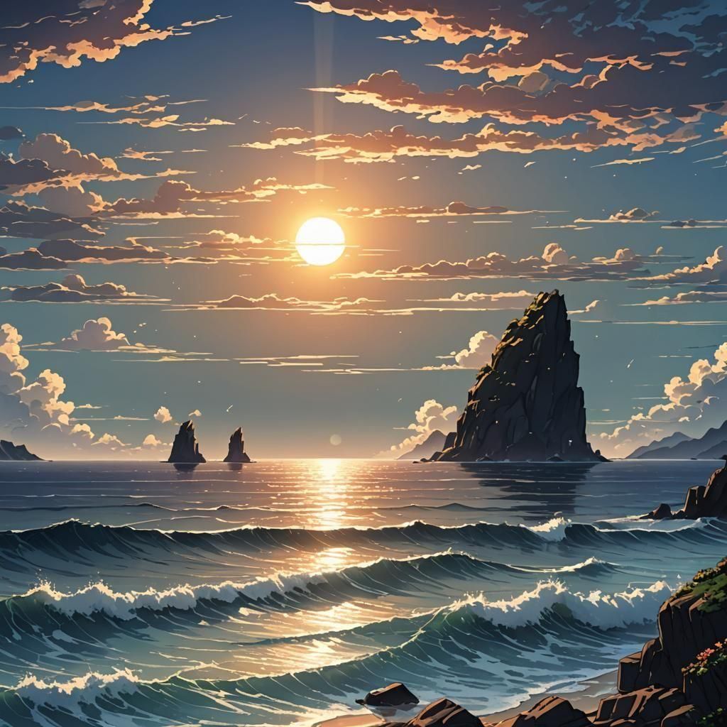 Anime Sunrise Over the Sea, Cel-Shaded Style