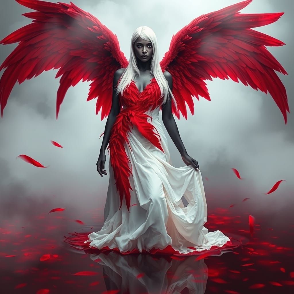 A digital art fantasy image of a figure in a flowing white g...