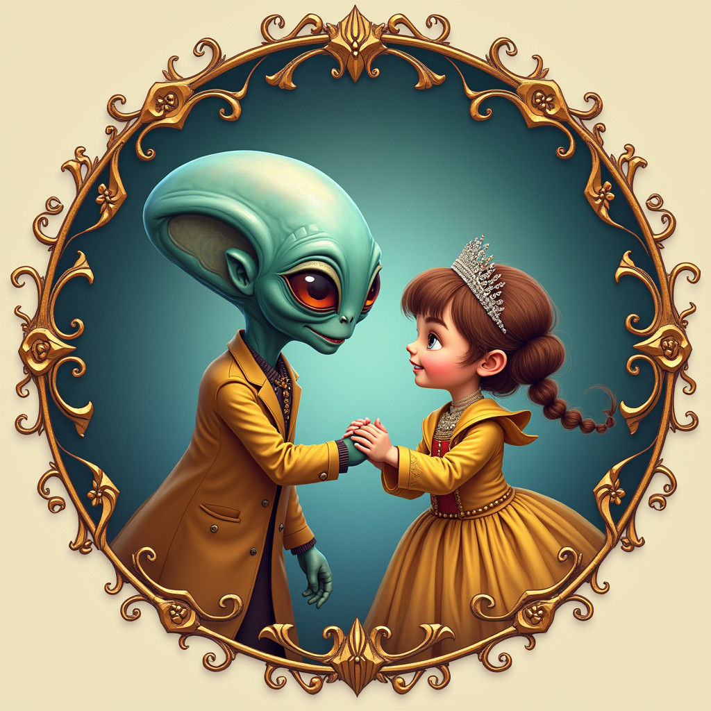 Alien and Girl Handshake in Ornate Frame